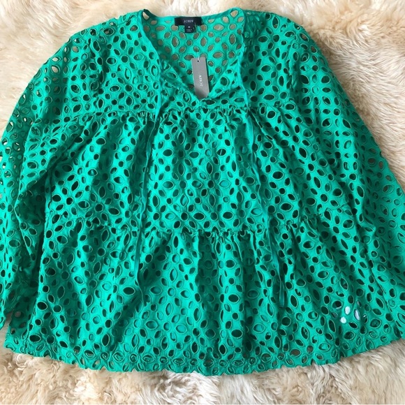 New J Crew Tiered Top in Eyelet size M Green - Picture 3 of 6